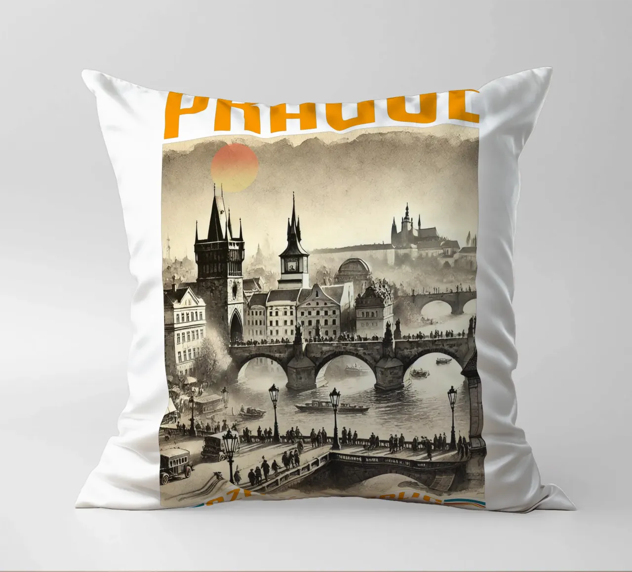 prague city panorama 70's classic retro decorative cushion by theganduls