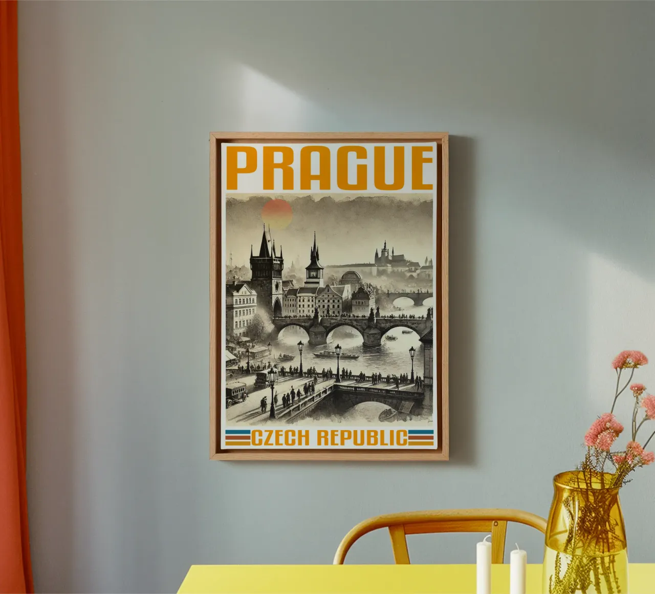 panorama della città di praga anni '70 classico retrò tela con Cornice a cassetta da theganduls