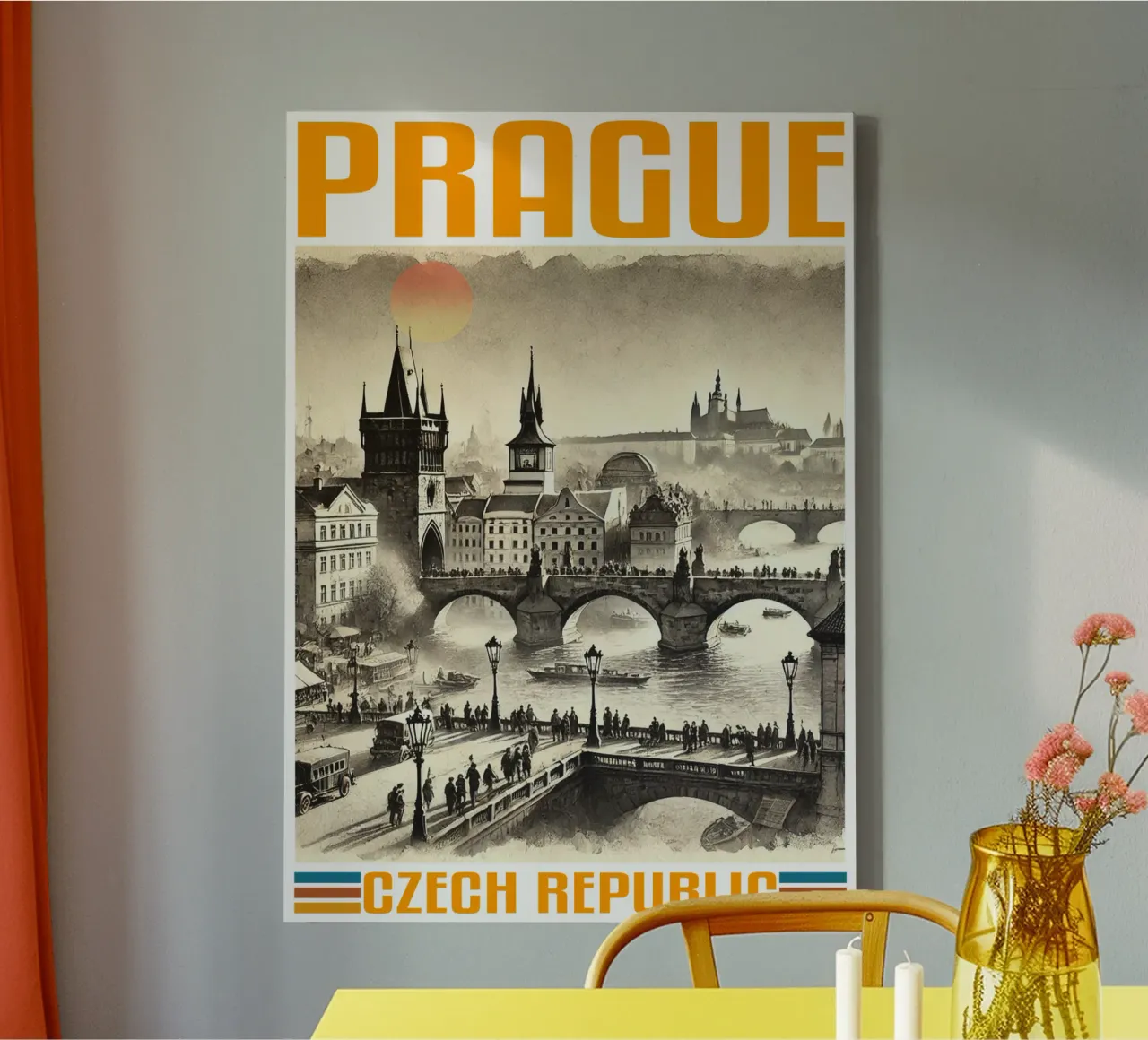 panorama della città di praga anni '70 classico retrò tela con Cornice a cassetta da theganduls