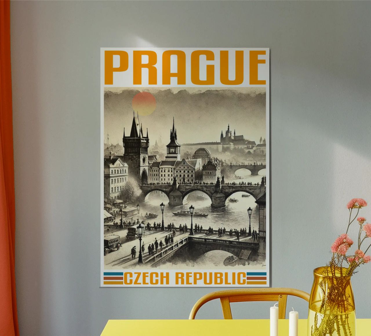 panorama de la ville de prague 70's classic retro poster de theganduls