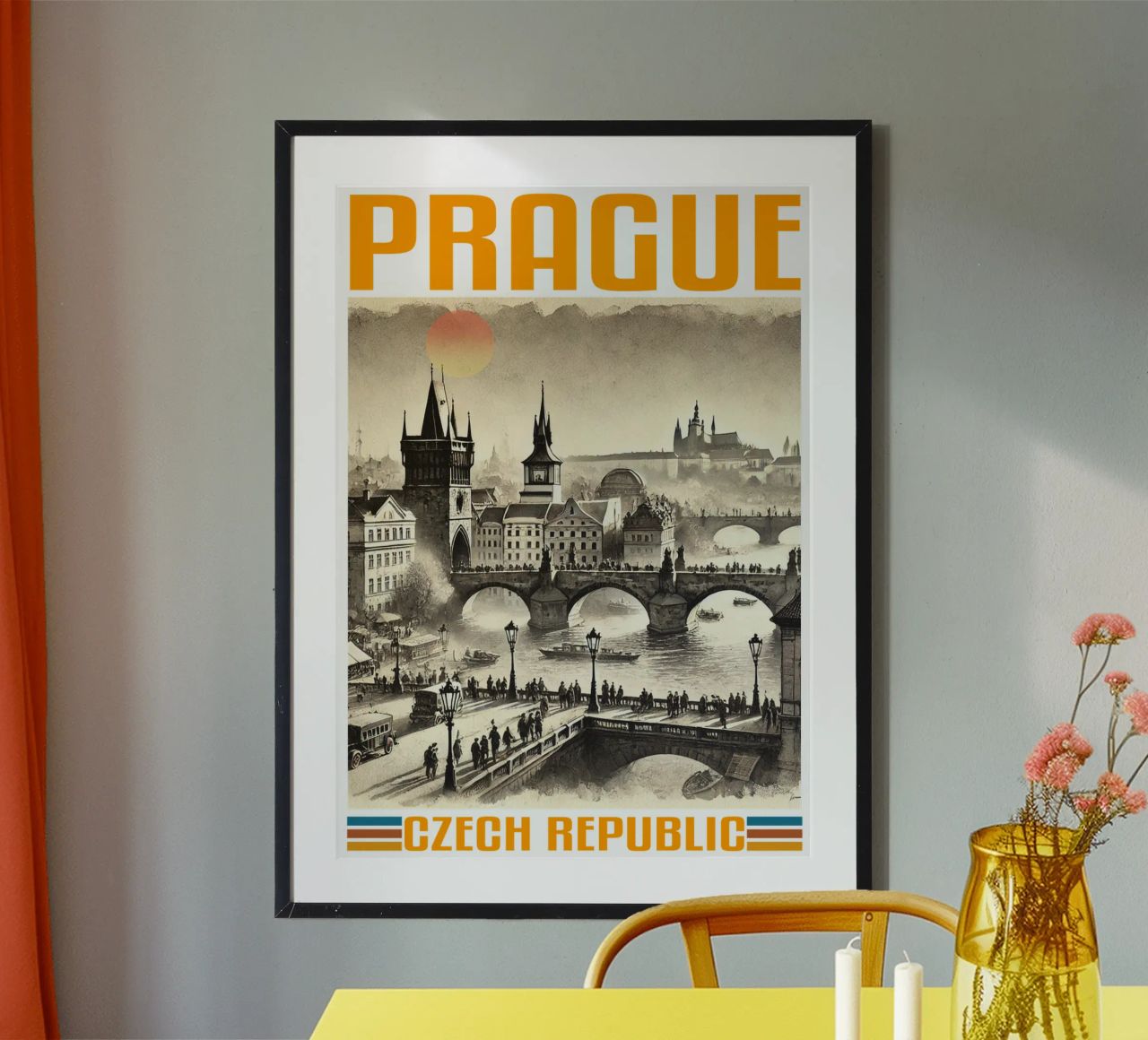 panorama de la ville de prague 70's classic retro poster de theganduls