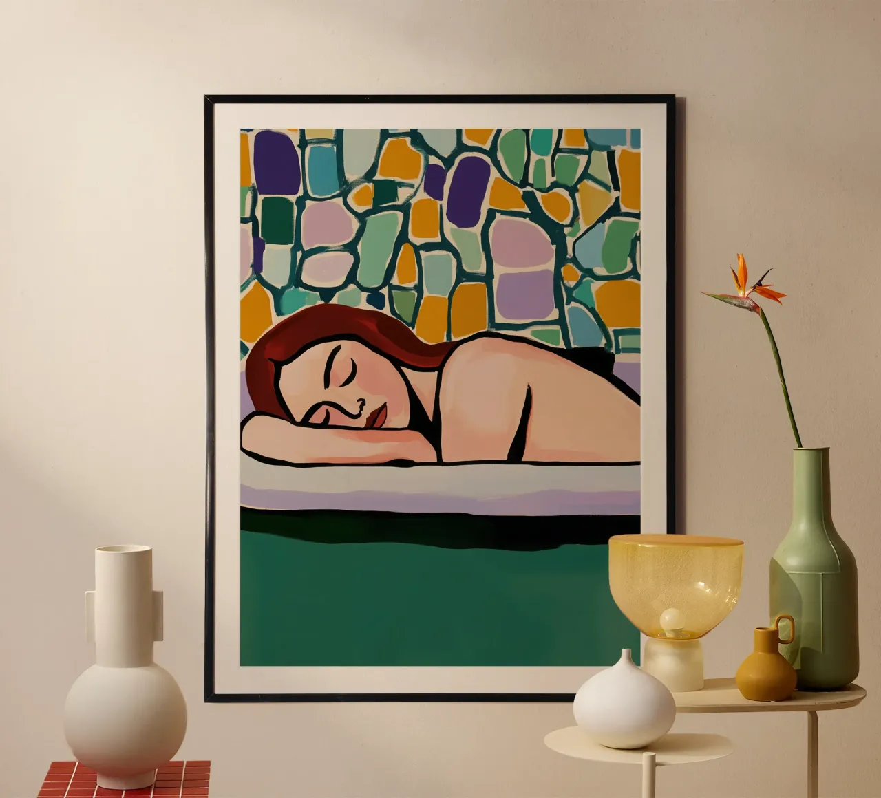 Vrouw rustend in de badkuip | Badkamer Schilderij poster met houten frame van Autofocus