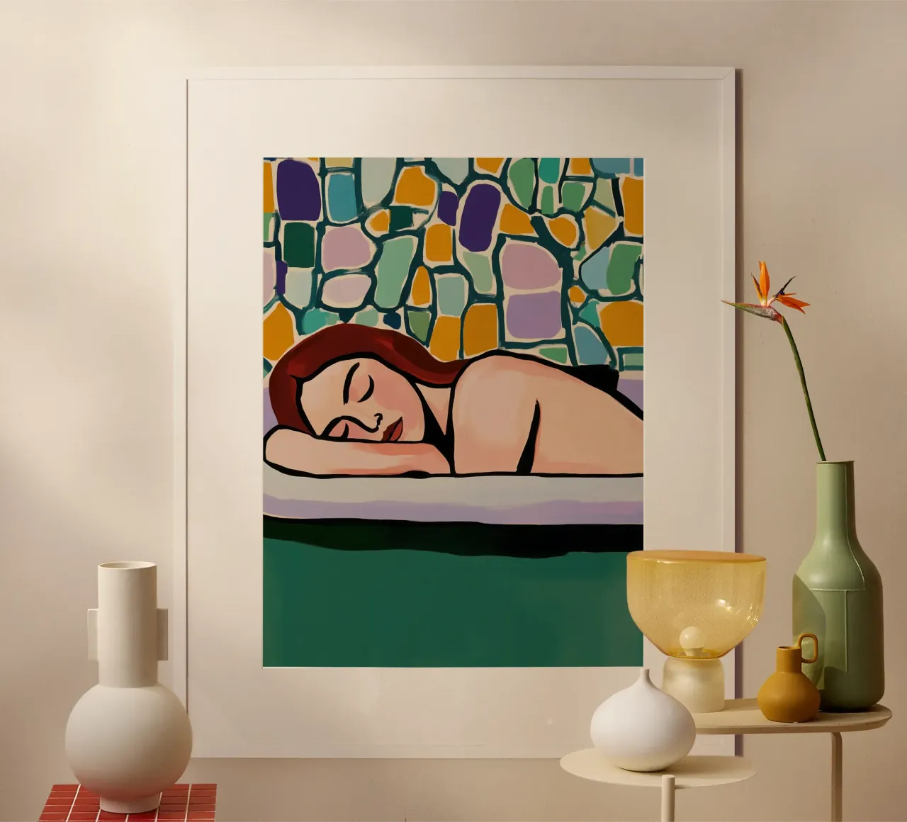Vrouw rustend in de badkuip | Badkamer Schilderij poster met houten frame van Autofocus