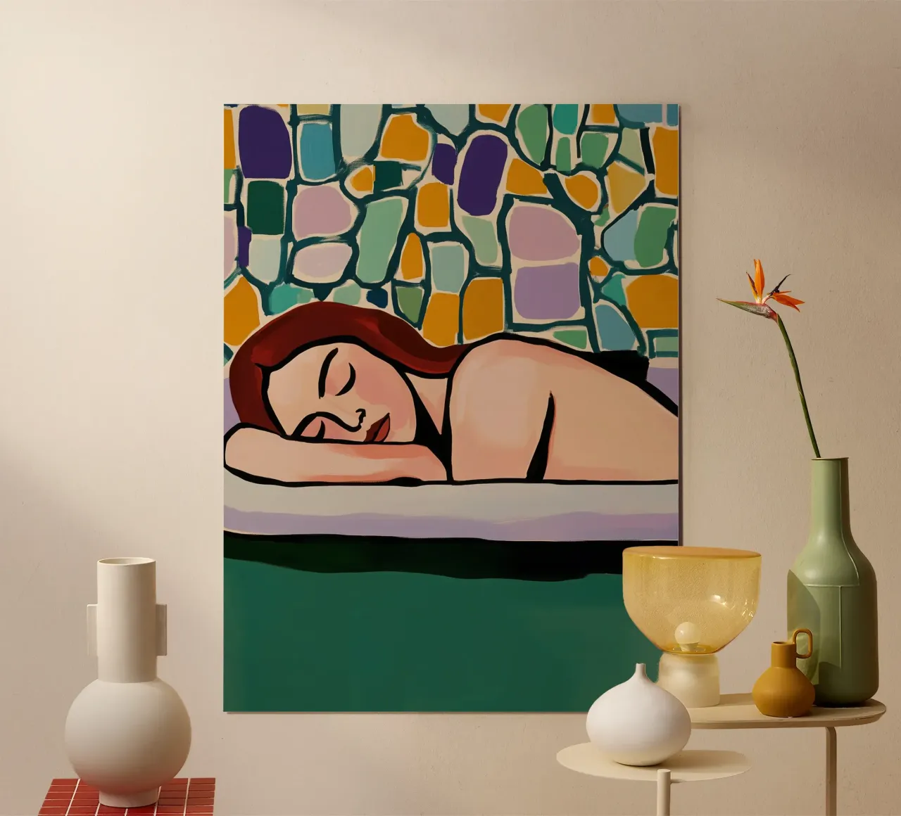 Vrouw rustend in de badkuip | Badkamer Schilderij poster met houten frame van Autofocus