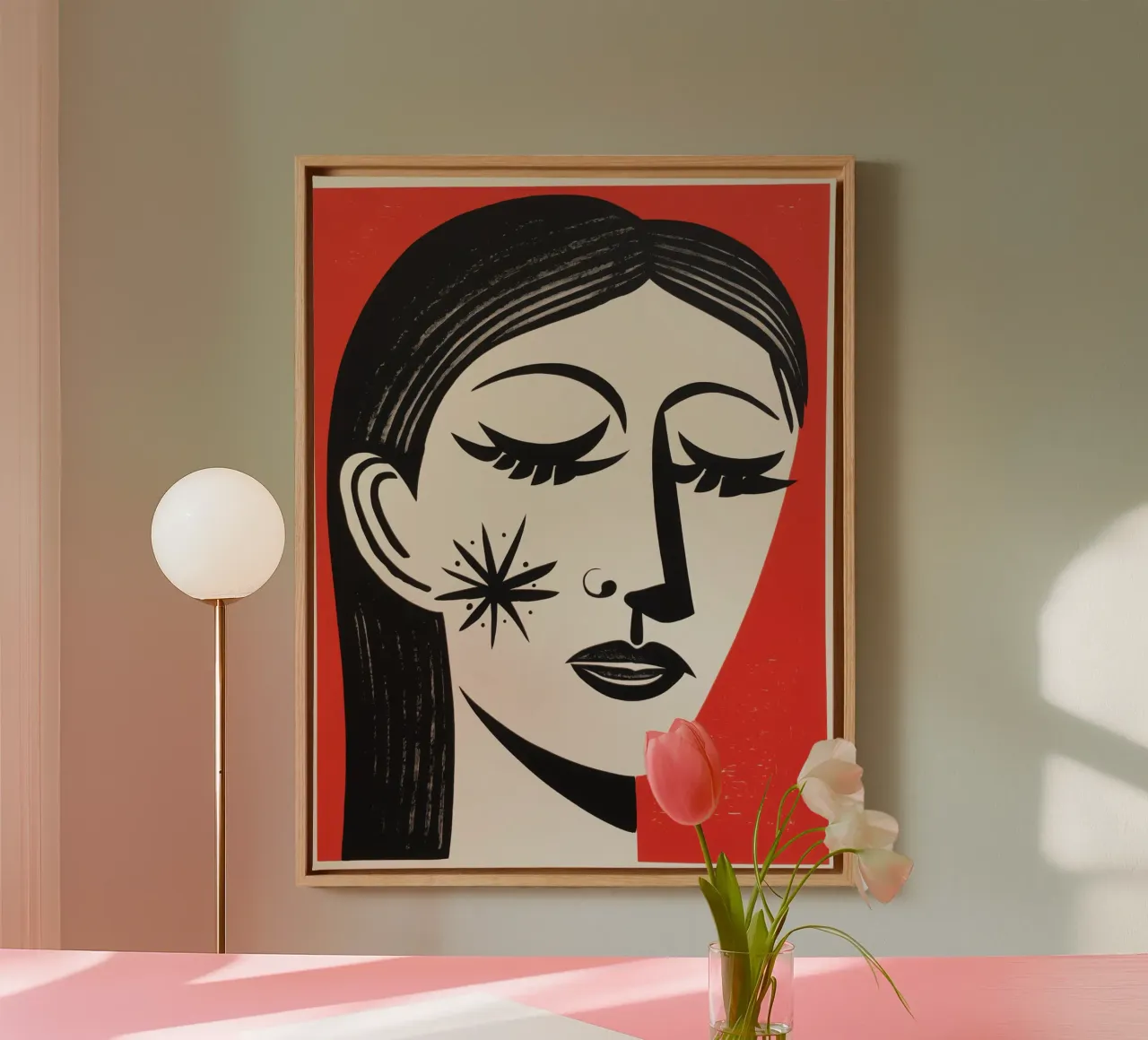 Portret vrouw met ster | zeefdruk in zwart en rood canvas met Baklijst van Autofocus