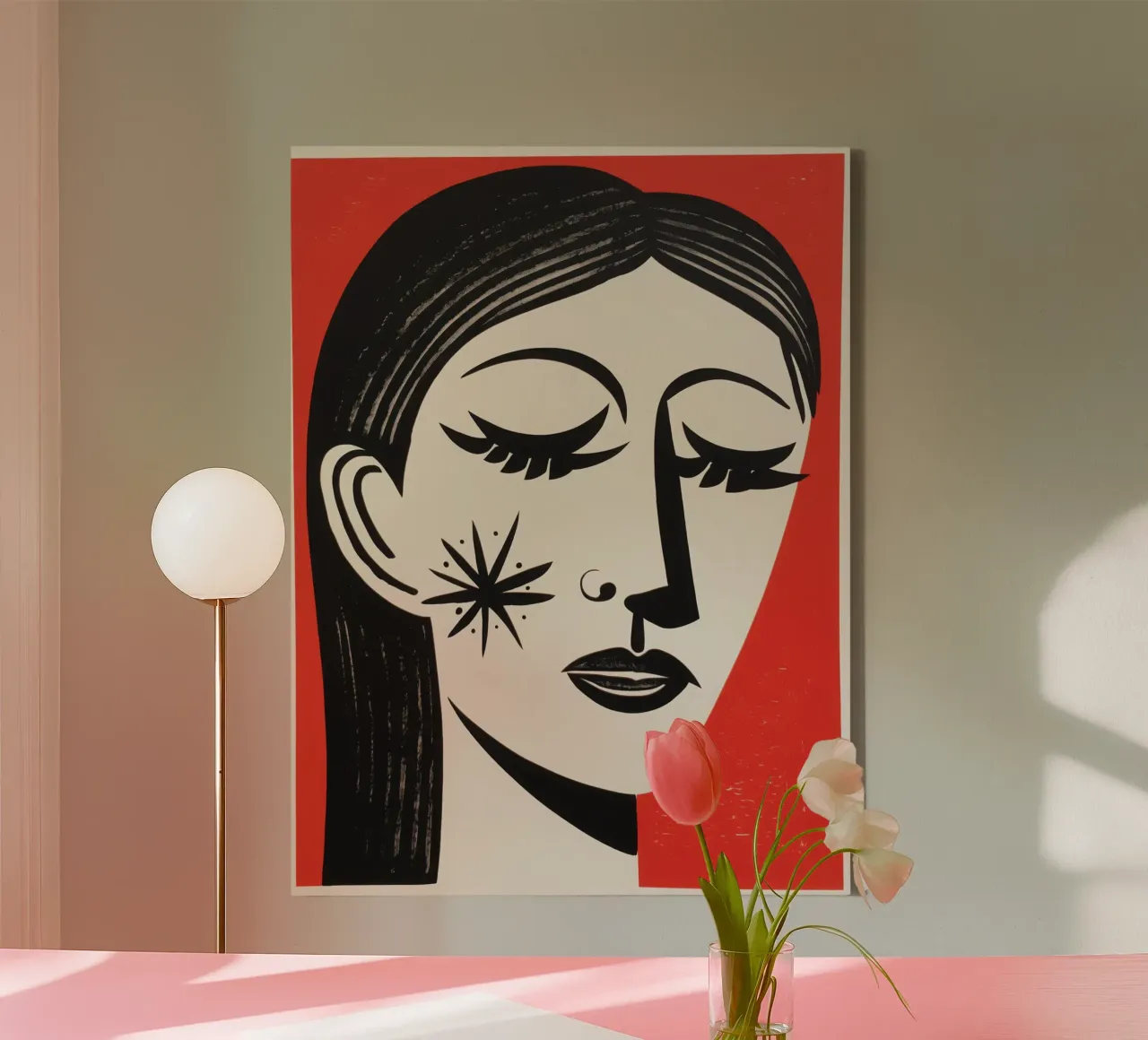Portret vrouw met ster | zeefdruk in zwart en rood canvas met Baklijst van Autofocus