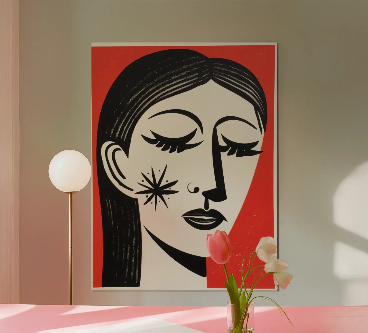 Ritratto di donna con stella serigrafata in nero e rosso poster da Autofocus