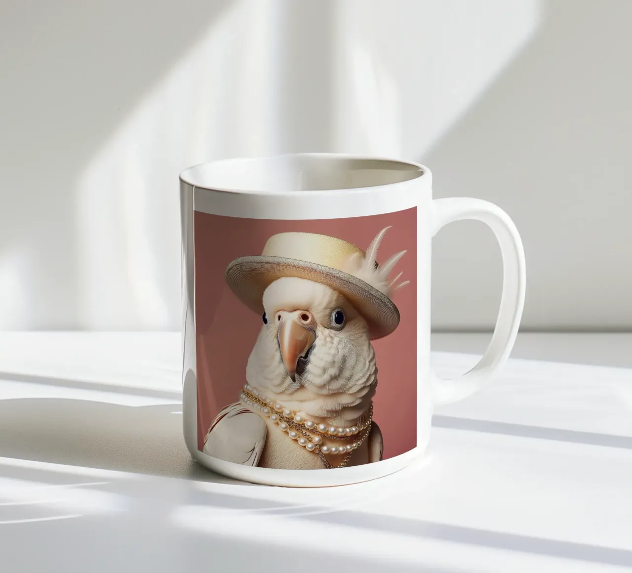 Cacatua elegante con cappello e perle | Uccello sofisticato Ar tazza in ceramica da FlexiDesignsByK