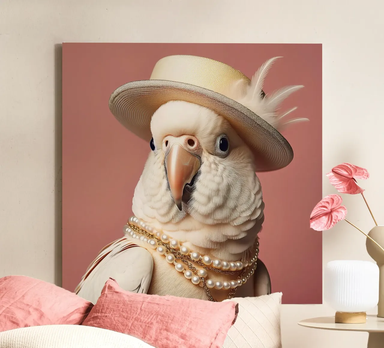 Cacatua elegante con cappello e perle | Uccello sofisticato Ar tela con Cornice a cassetta da FlexiDesignsByK