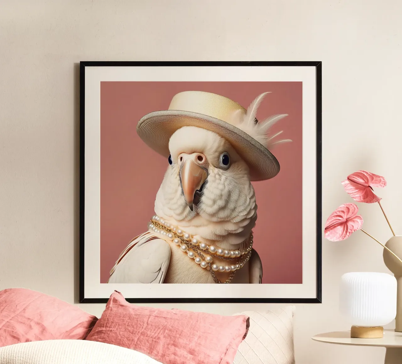 Cacatua elegante con cappello e perle | Uccello sofisticato Ar carta hahnemühle da FlexiDesignsByK