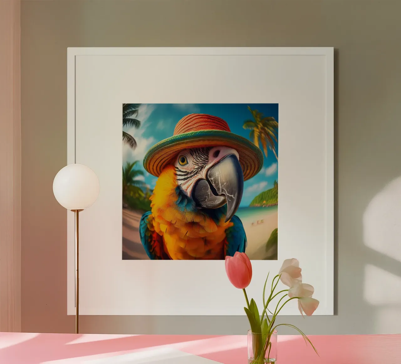 Pappagallo tropicale con cappello di paglia - Arte murale vivace a tema spiaggia poster con telaio in alluminio da FlexiDesignsByK