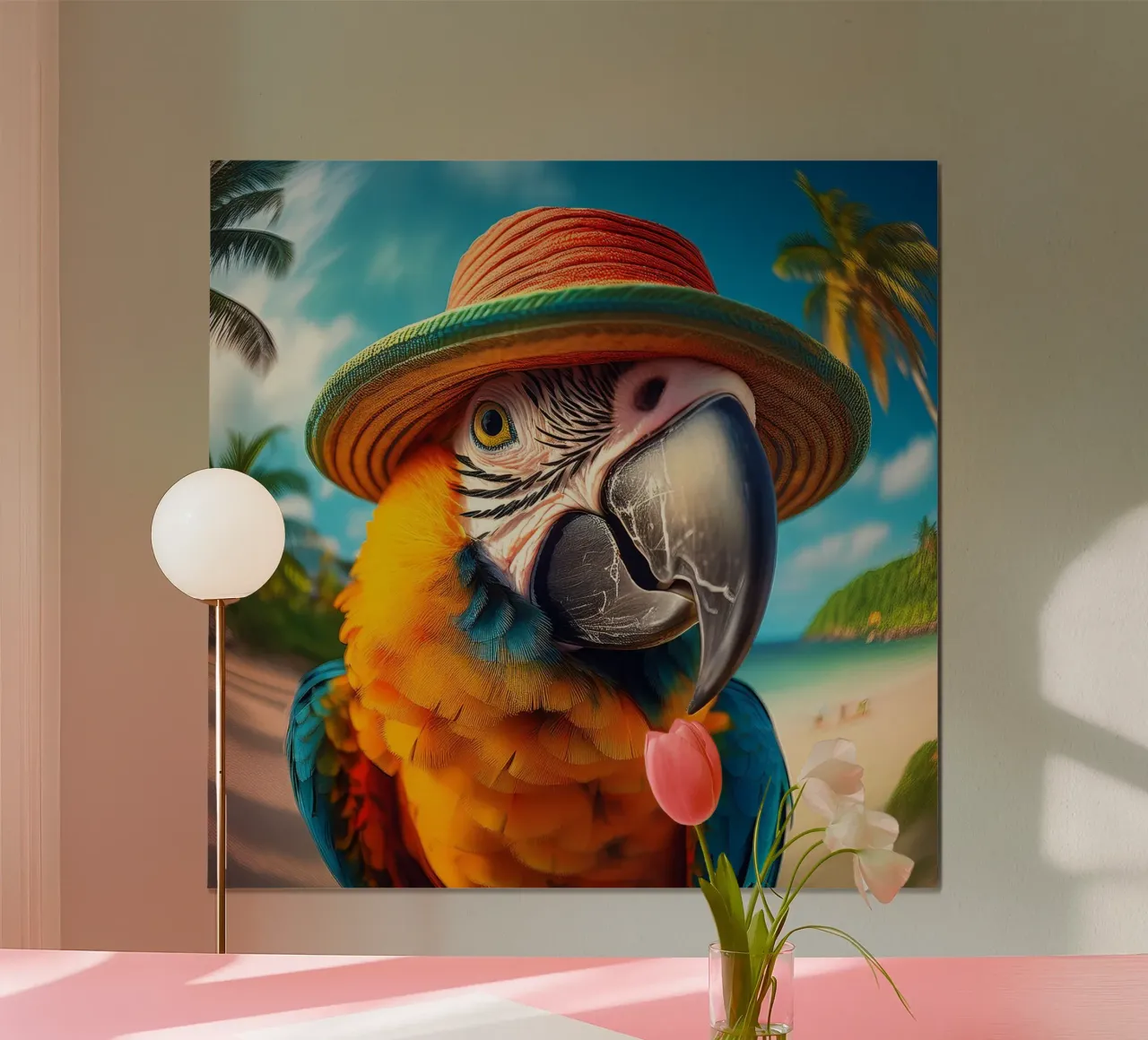 Pappagallo tropicale con cappello di paglia - Arte murale vivace a tema spiaggia poster con telaio in alluminio da FlexiDesignsByK