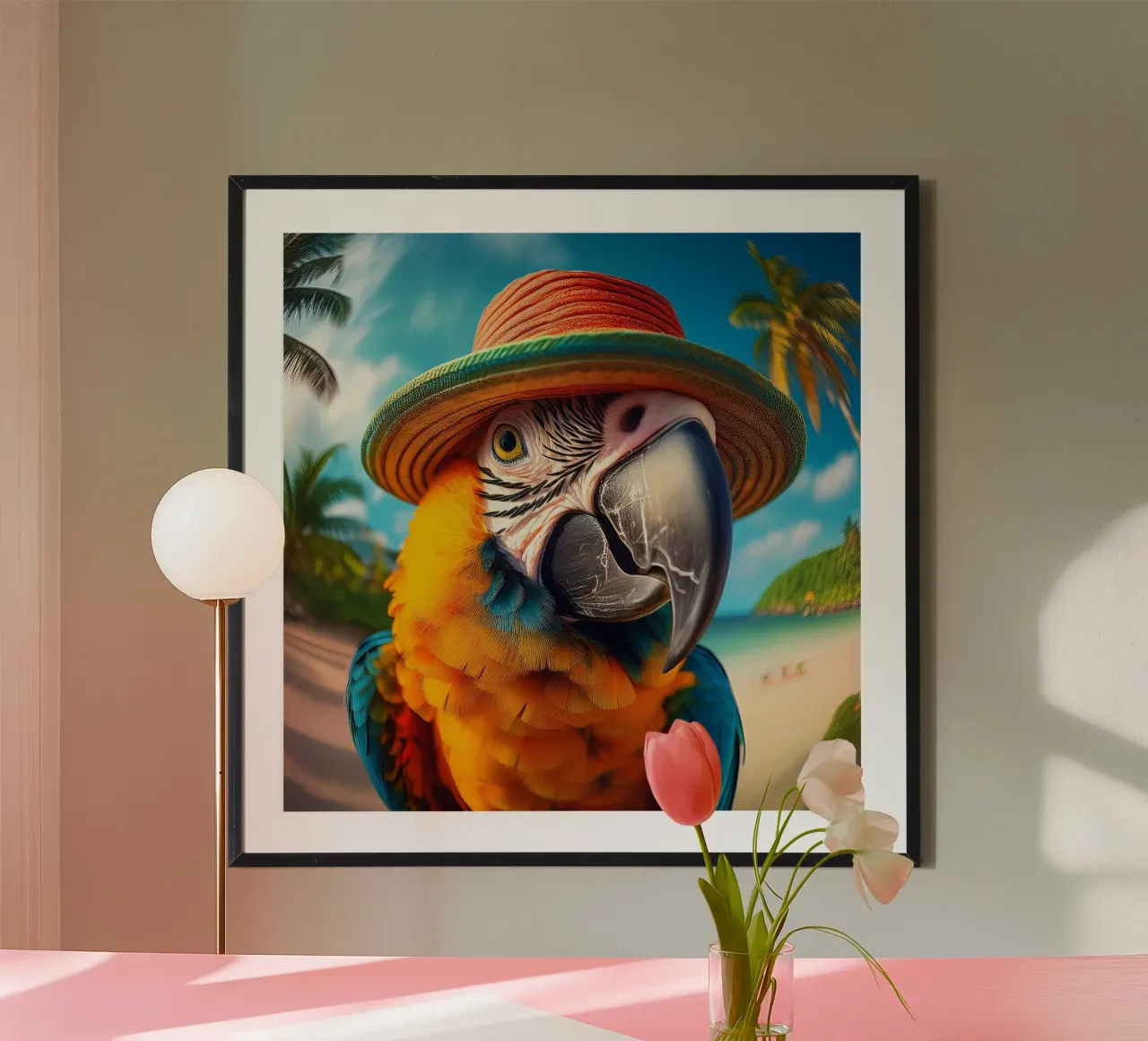 Pappagallo tropicale con cappello di paglia - Arte murale vivace a tema spiaggia poster con telaio in alluminio da FlexiDesignsByK