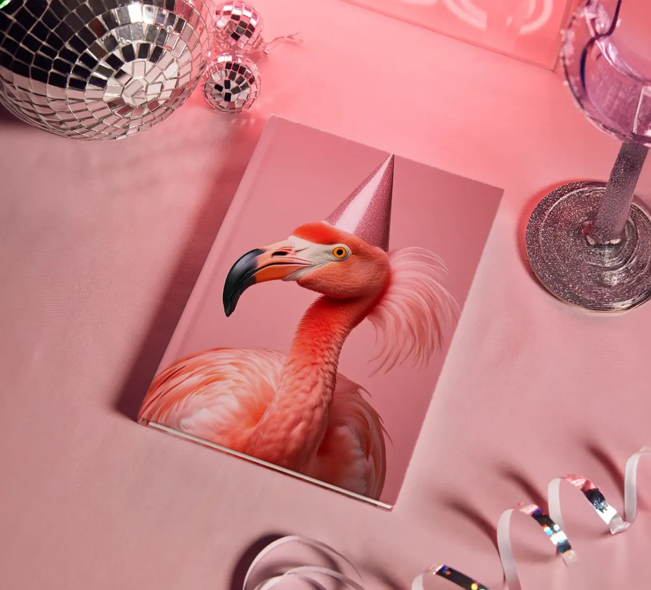 Party Flamingo with Glitter Hat | Fun and Quirky Wall Art notebook by FlexiDesignsByK
