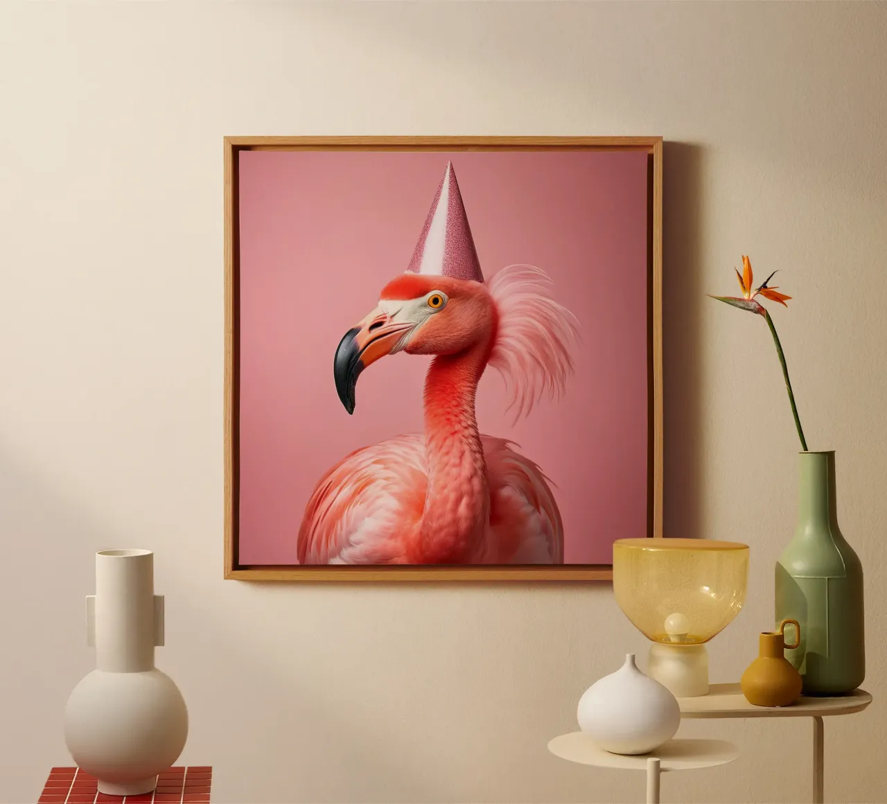 Party Flamingo met Glitter Hoed | Leuk en Eigenzinnig Muurschilderij canvas met Baklijst van FlexiDesignsByK