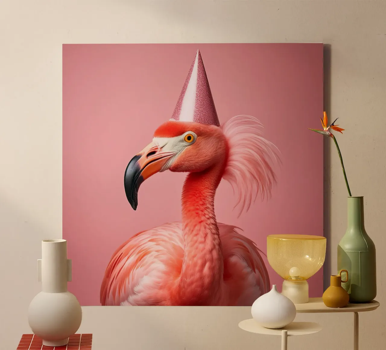 Party Flamingo met Glitter Hoed | Leuk en Eigenzinnig Muurschilderij canvas met Baklijst van FlexiDesignsByK
