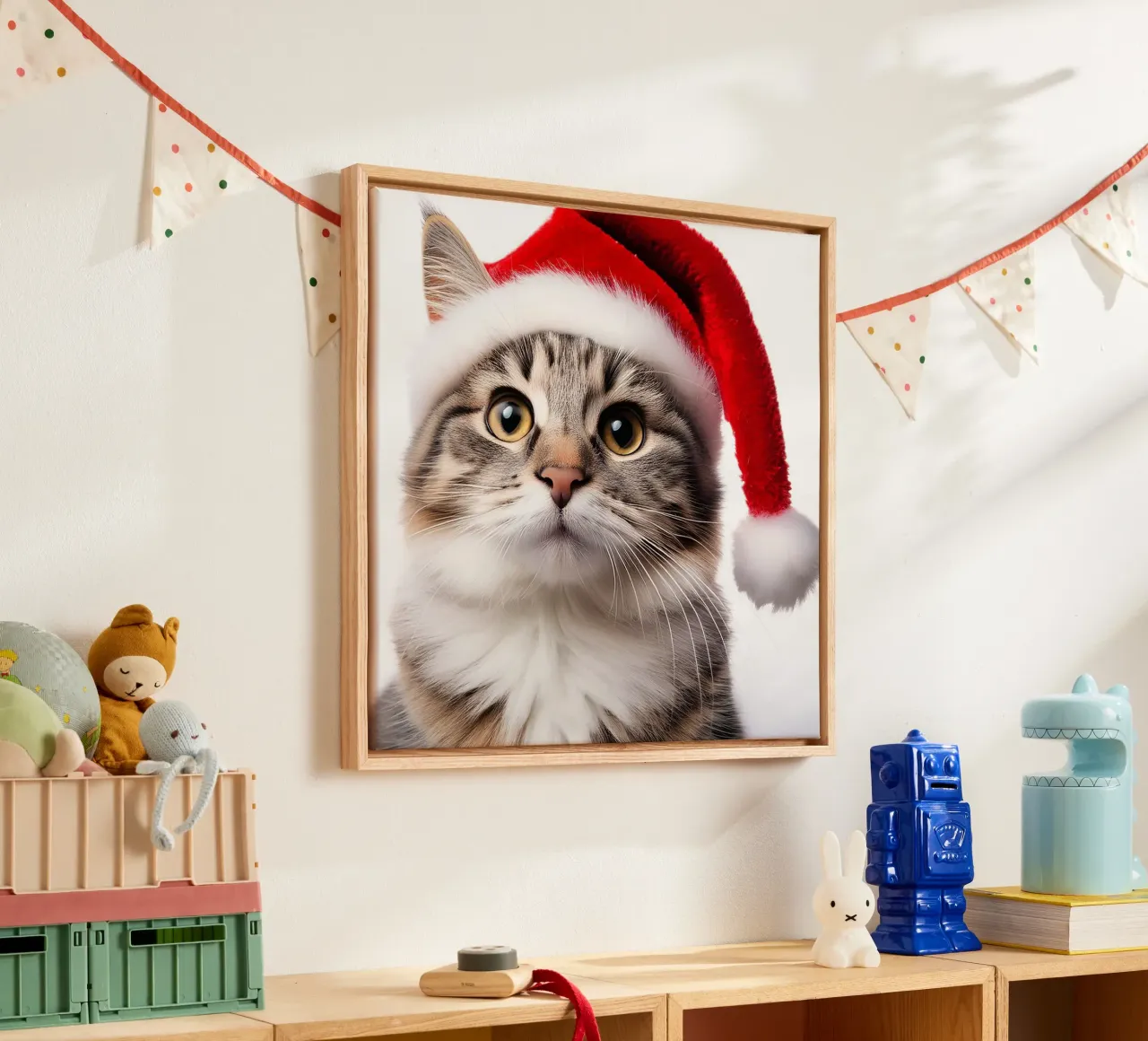 Festliche Katze mit Weihnachtsmannmütze | Liebenswerte Weihnachts-Wandkunst Leinwand mit Schattenfugenrahmen von FlexiDesignsByK