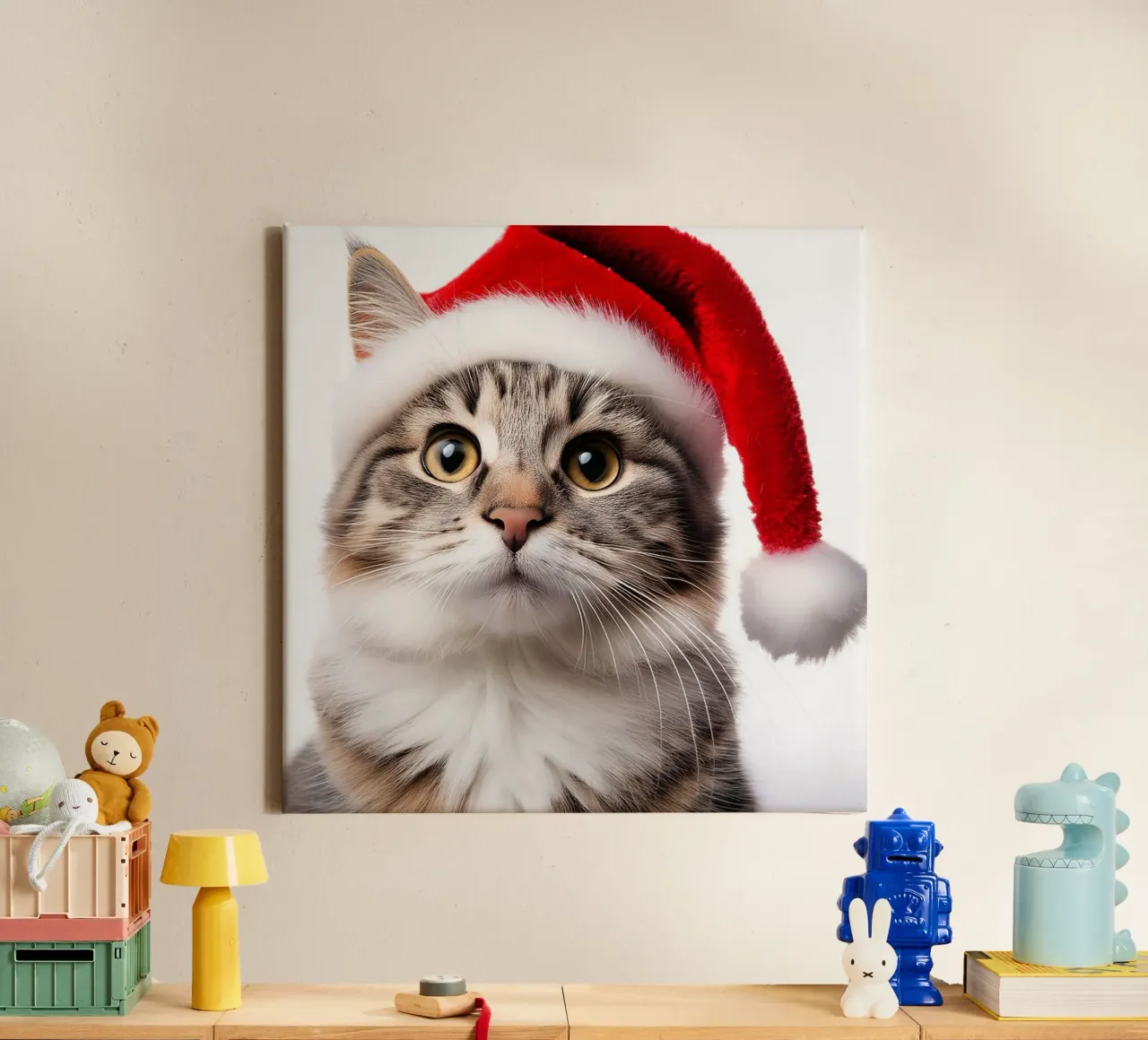 Festliche Katze mit Weihnachtsmannmütze | Liebenswerte Weihnachts-Wandkunst Leinwand mit Schattenfugenrahmen von FlexiDesignsByK