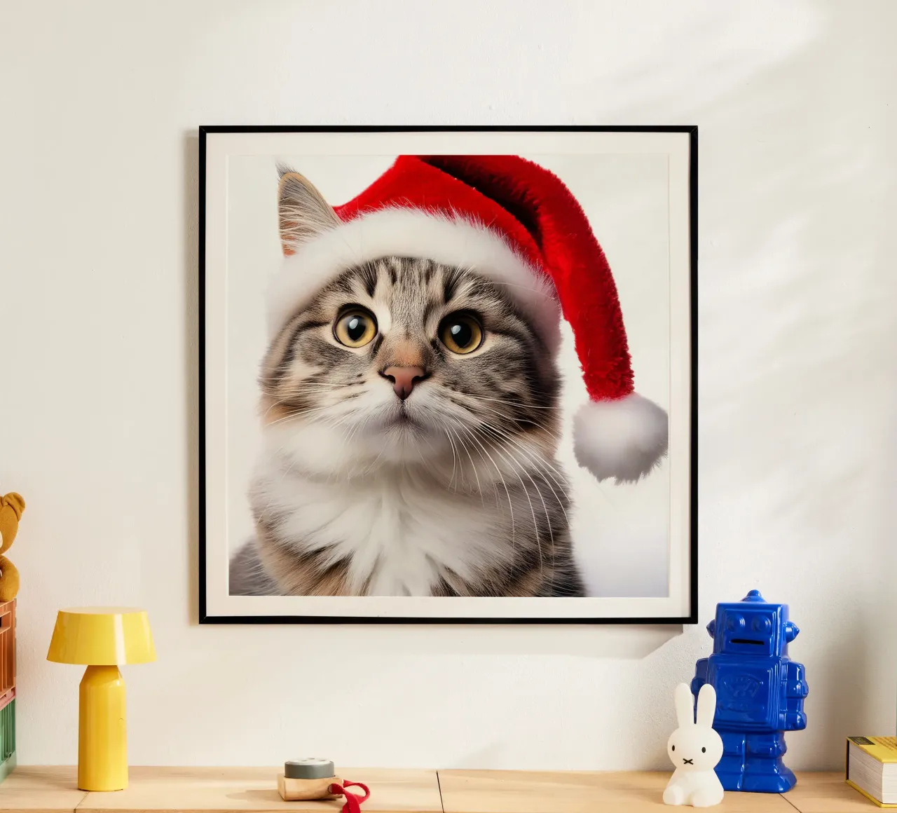 Festliche Katze mit Weihnachtsmannmütze | Liebenswerte Weihnachts-Wandkunst Poster von FlexiDesignsByK
