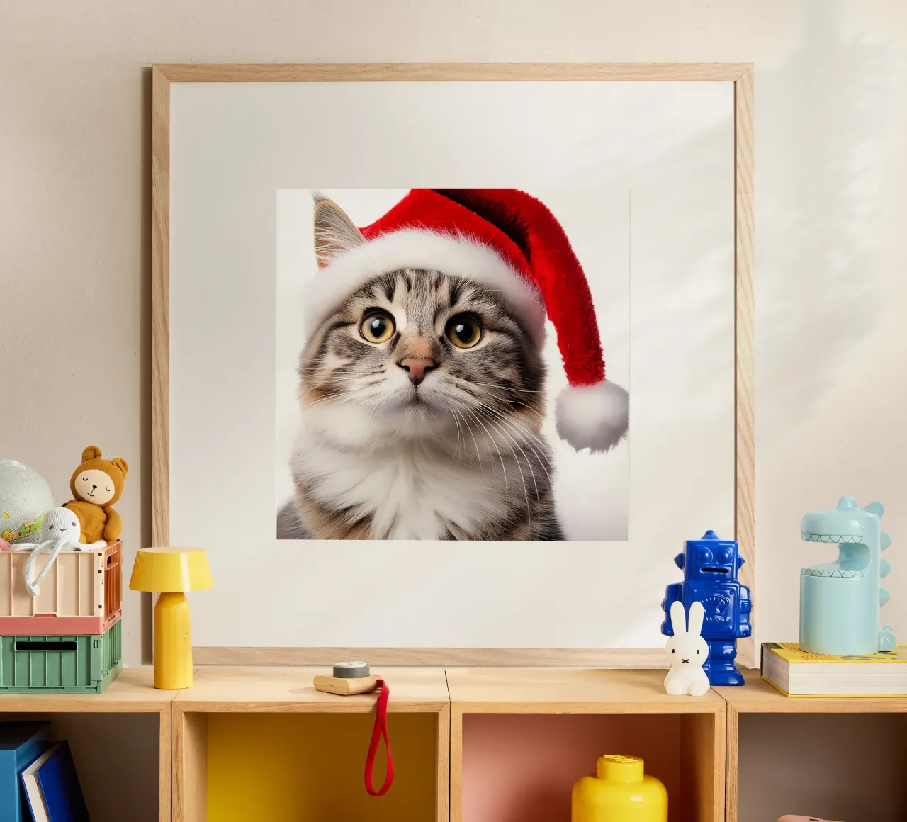 Festliche Katze mit Weihnachtsmannmütze | Liebenswerte Weihnachts-Wandkunst Poster von FlexiDesignsByK