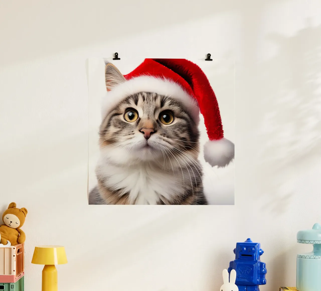 Festliche Katze mit Weihnachtsmannmütze | Liebenswerte Weihnachts-Wandkunst Poster von FlexiDesignsByK