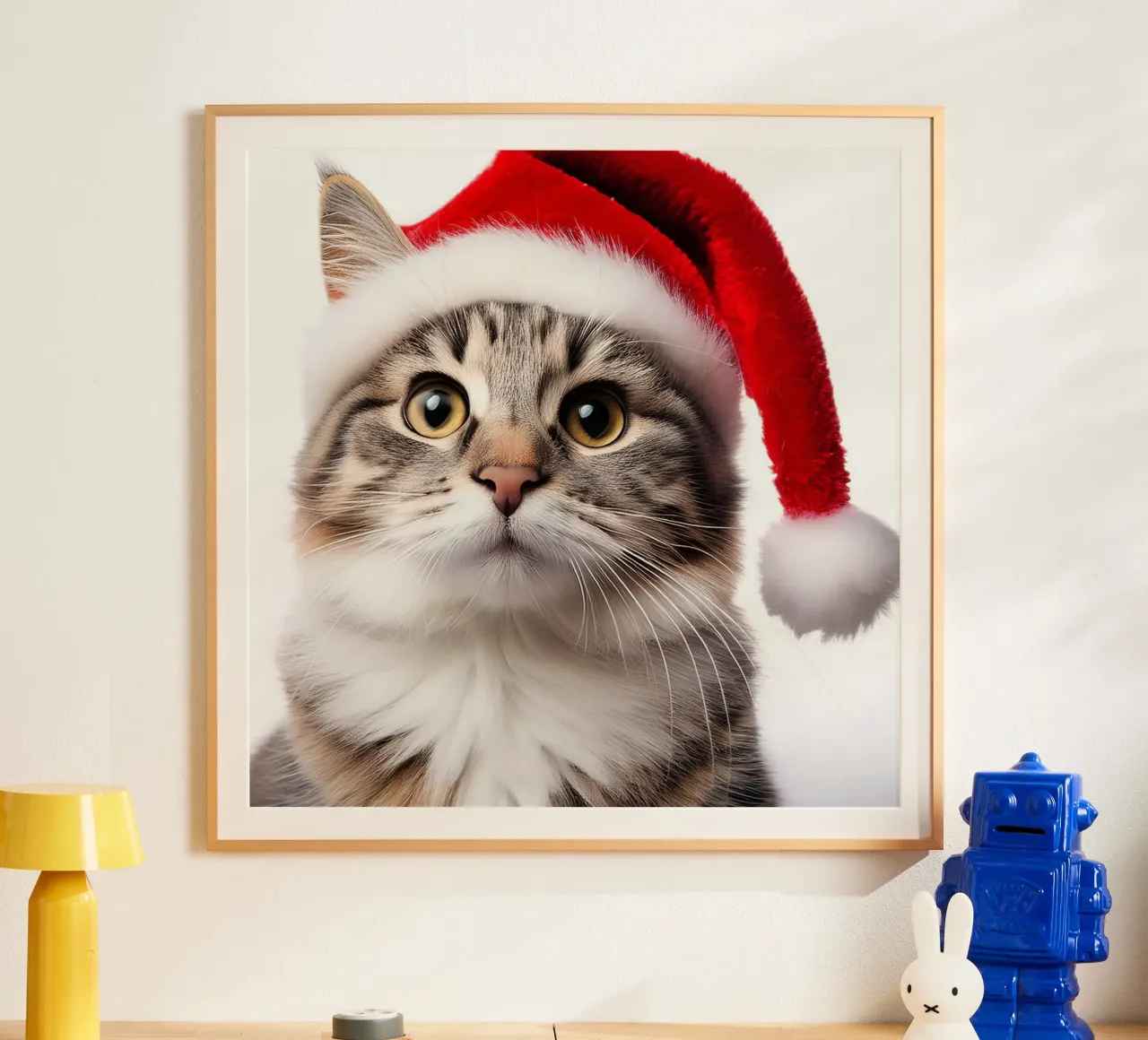 Festliche Katze mit Weihnachtsmannmütze | Liebenswerte Weihnachts-Wandkunst Poster von FlexiDesignsByK