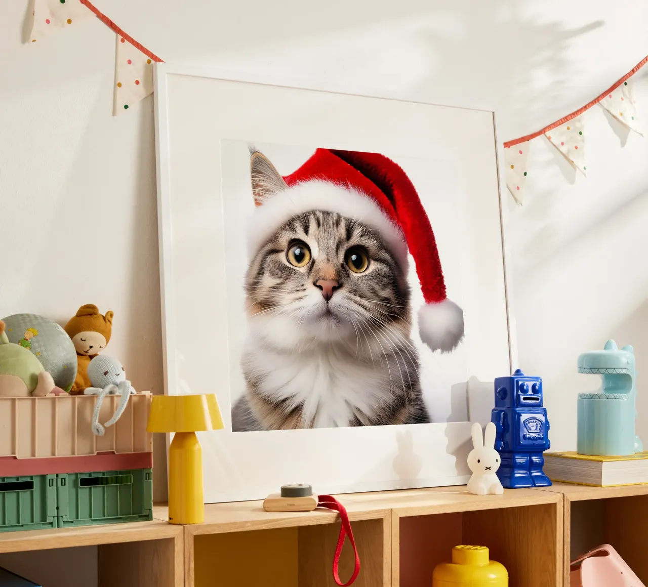 Festliche Katze mit Weihnachtsmannmütze | Liebenswerte Weihnachts-Wandkunst Poster von FlexiDesignsByK