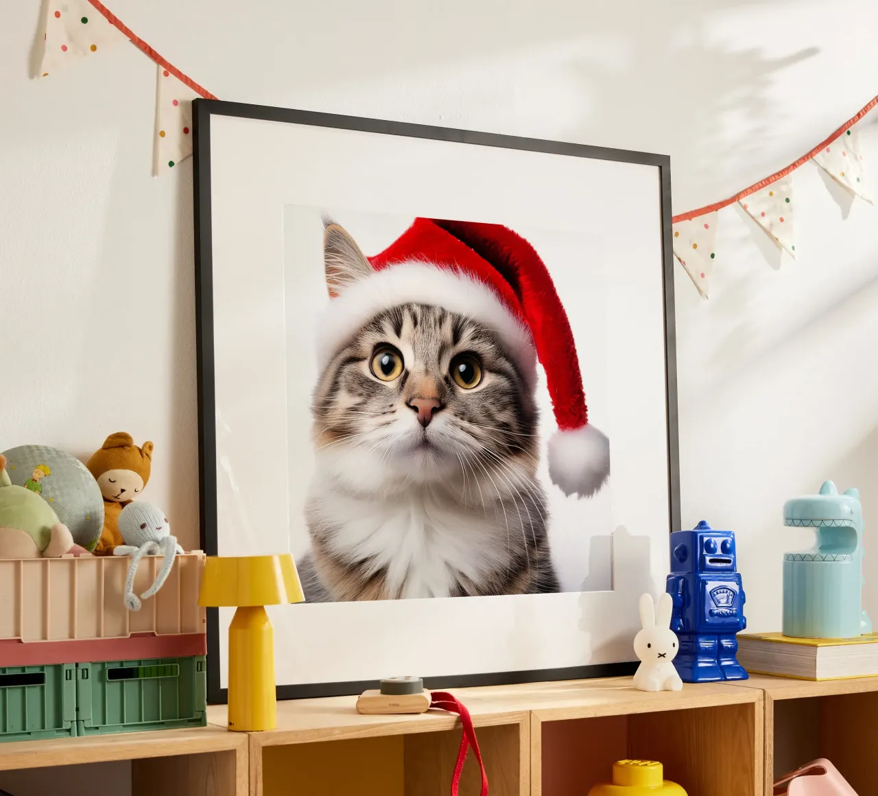 Festliche Katze mit Weihnachtsmannmütze | Liebenswerte Weihnachts-Wandkunst Poster von FlexiDesignsByK