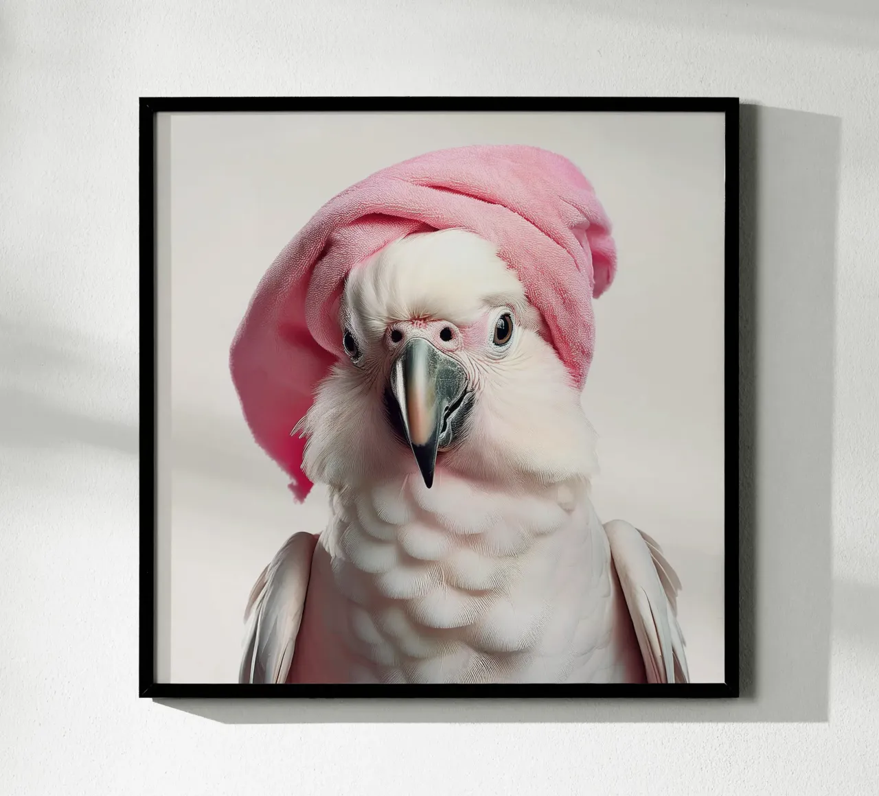 Pappagallo bianco chic con asciugamano rosa | Elegante uccello da parete poster con telaio in alluminio da FlexiDesignsByK