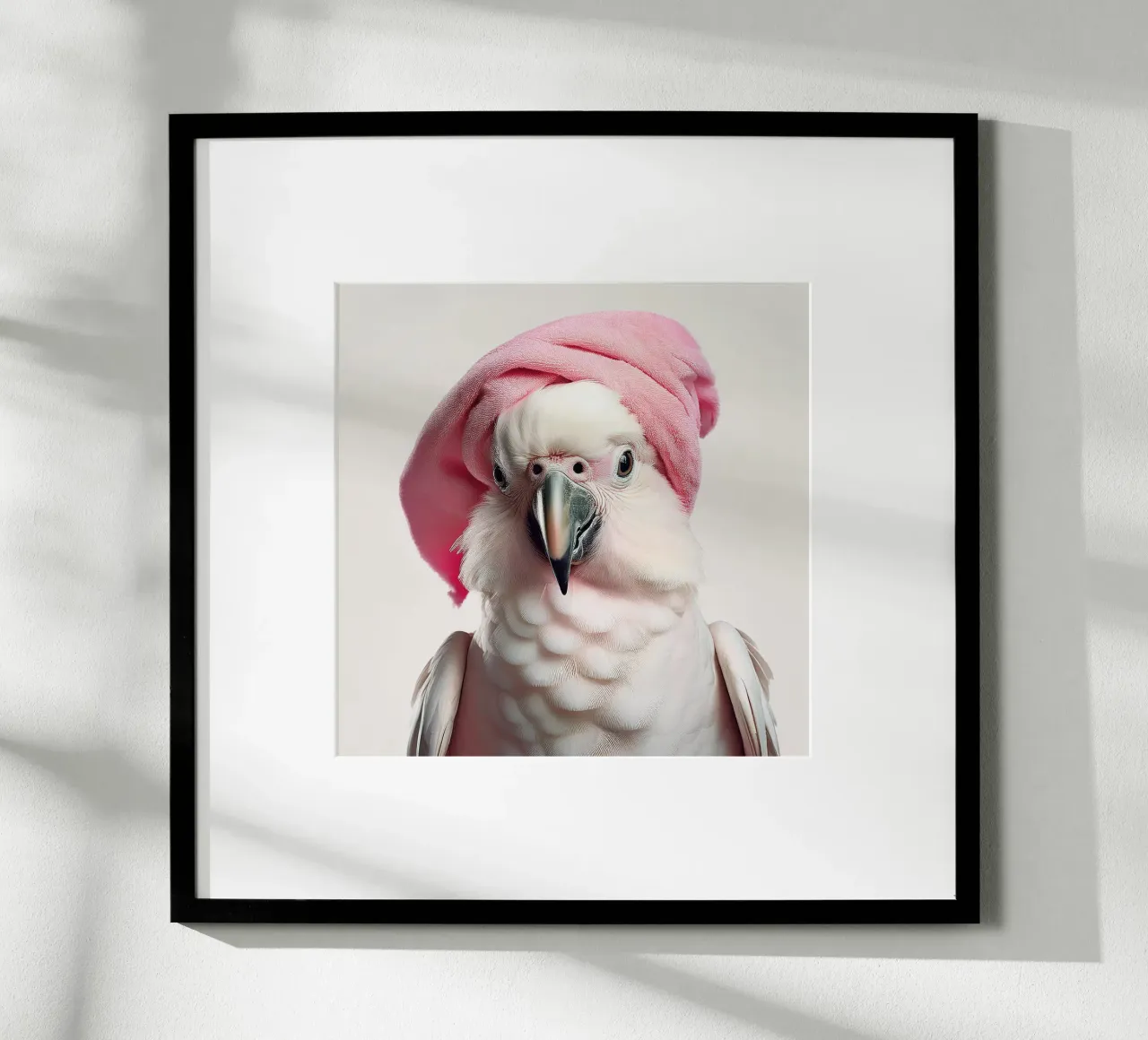 Pappagallo bianco chic con asciugamano rosa | Elegante uccello da parete poster con telaio in alluminio da FlexiDesignsByK