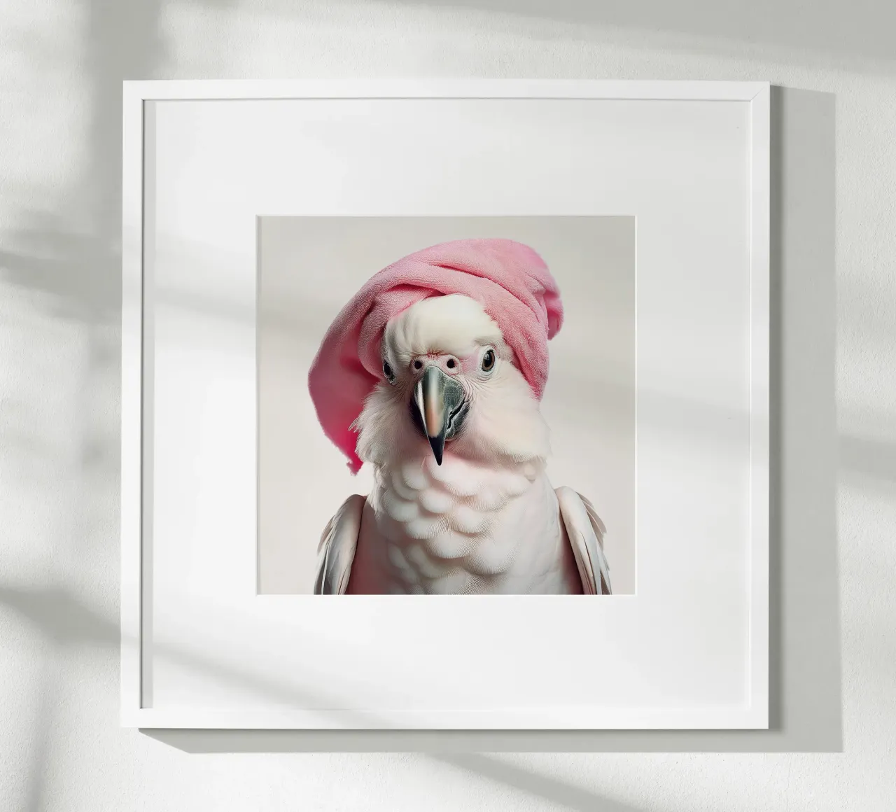Pappagallo bianco chic con asciugamano rosa | Elegante uccello da parete poster con telaio in alluminio da FlexiDesignsByK