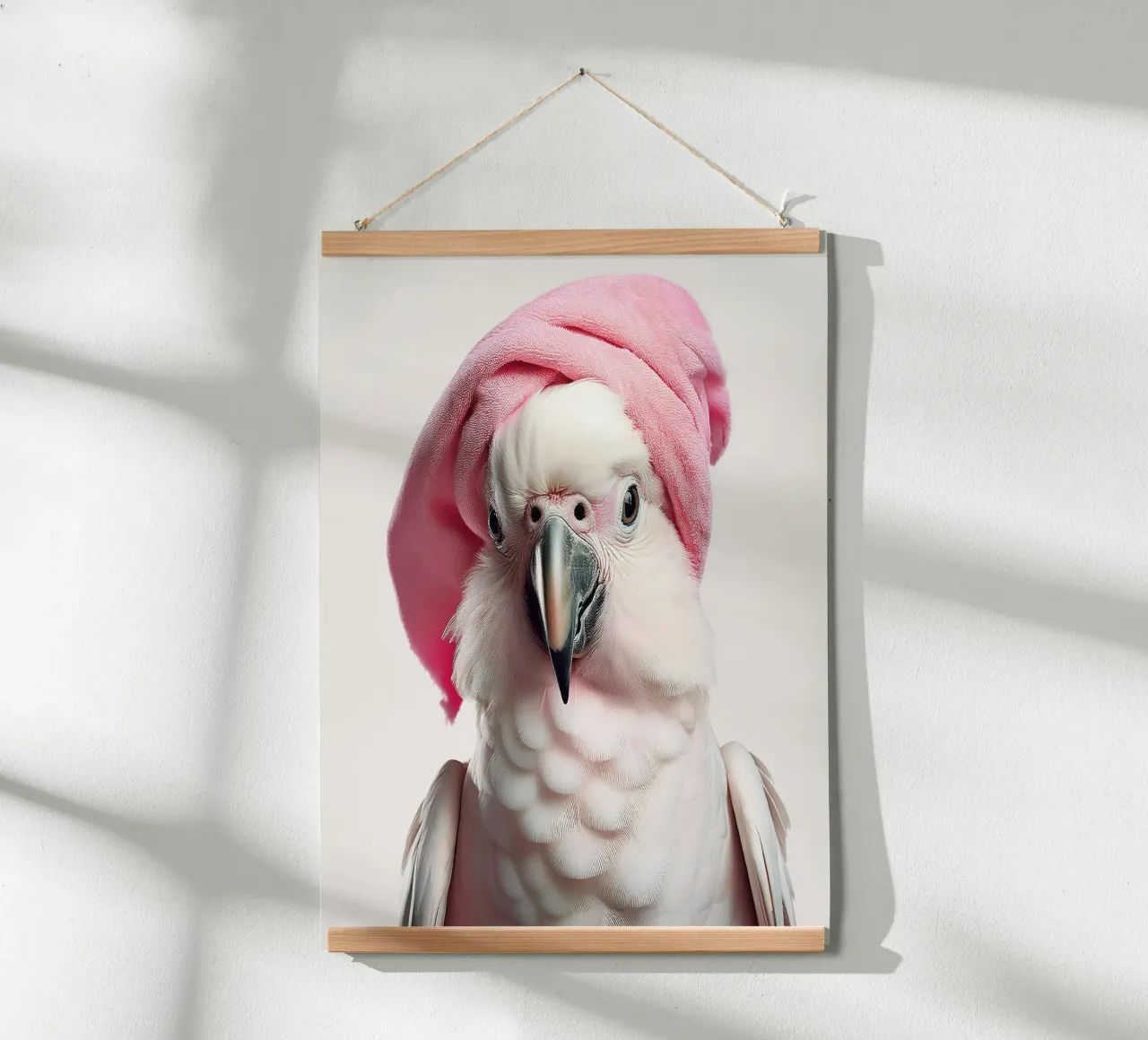 Pappagallo bianco chic con asciugamano rosa | Elegante uccello da parete poster con telaio in alluminio da FlexiDesignsByK