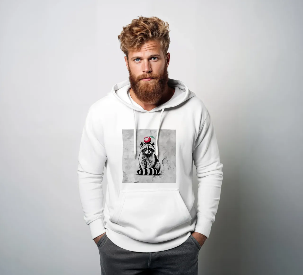 Raccoon with apple - Playful stencil design hoodie by namosh