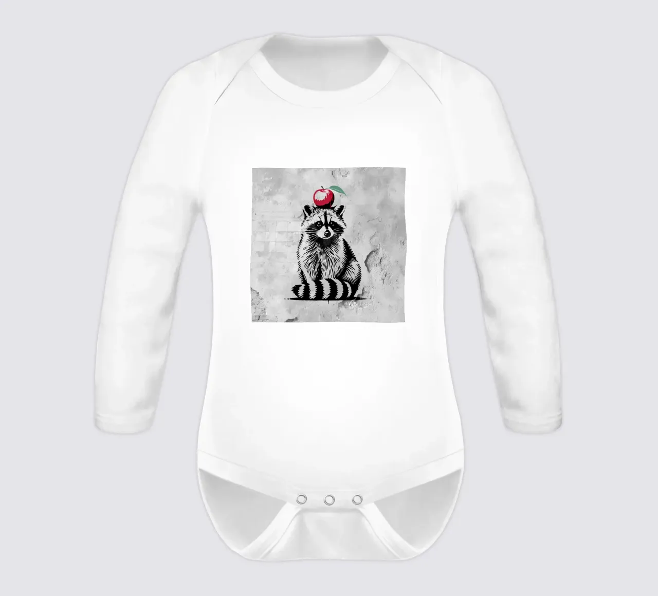 Procione con mela - Disegno di stencil giocoso body neonato maniche lunghe da namosh