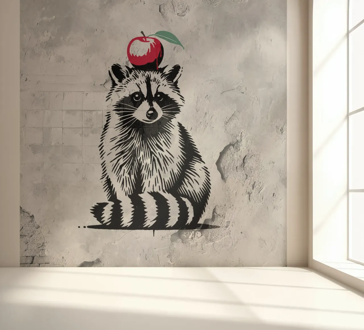 Waschbär mit Apfel – Verspieltes Stencil-Design Fototapete von namosh