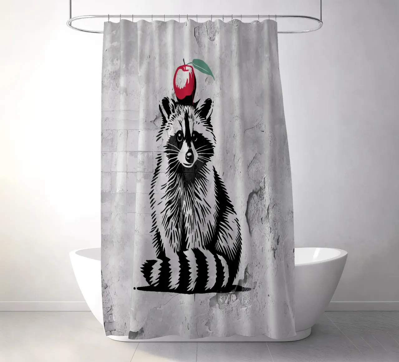 Waschbär mit Apfel – Verspieltes Stencil-Design Duschvorhang von namosh
