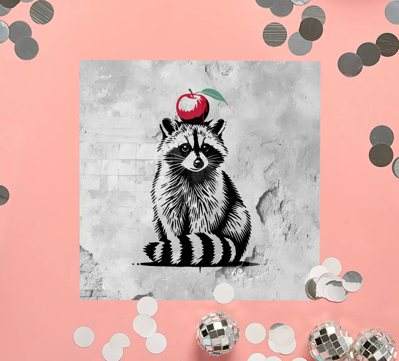 Waschbär mit Apfel – Verspieltes Stencil-Design Sticker von namosh