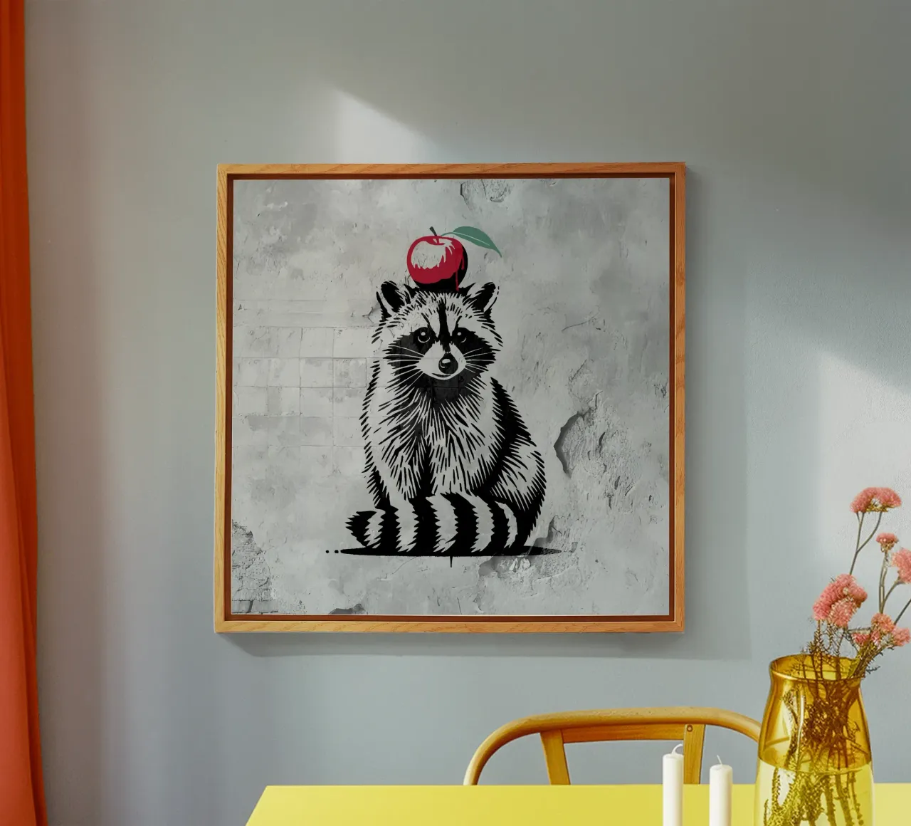 Waschbär mit Apfel – Verspieltes Stencil-Design Acryl-Glas von namosh