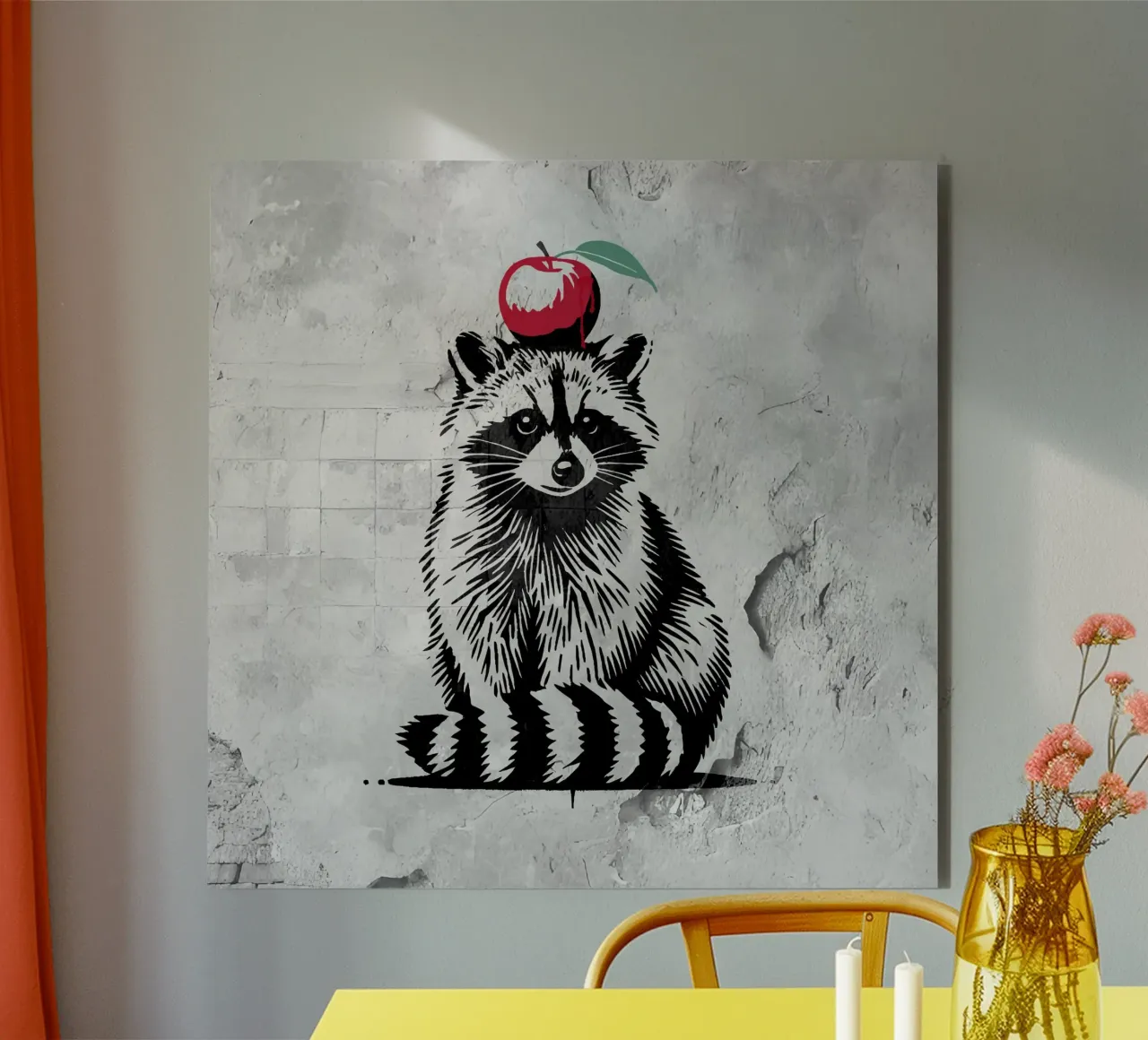 Waschbär mit Apfel – Verspieltes Stencil-Design Alu-Dibond von namosh