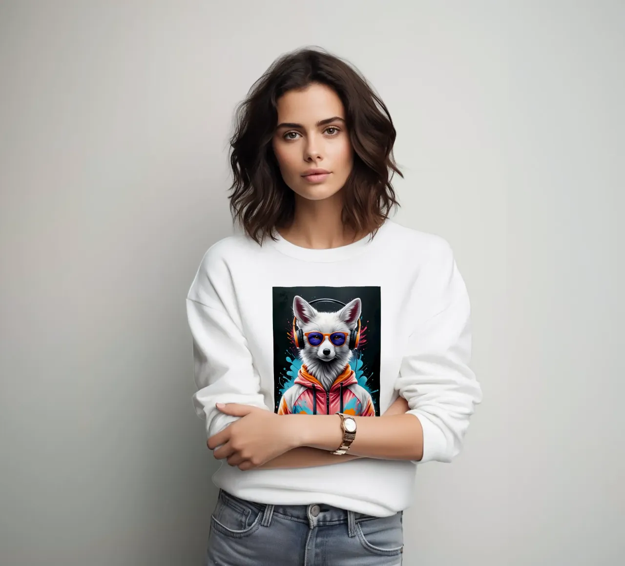 Witte vos in koptelefoon sweatshirt van MakArena