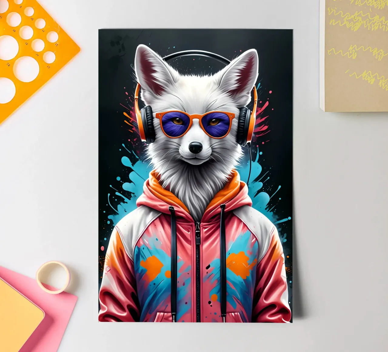 Weißer Fuchs mit Kopfhörer Stickerbogen von MakArena