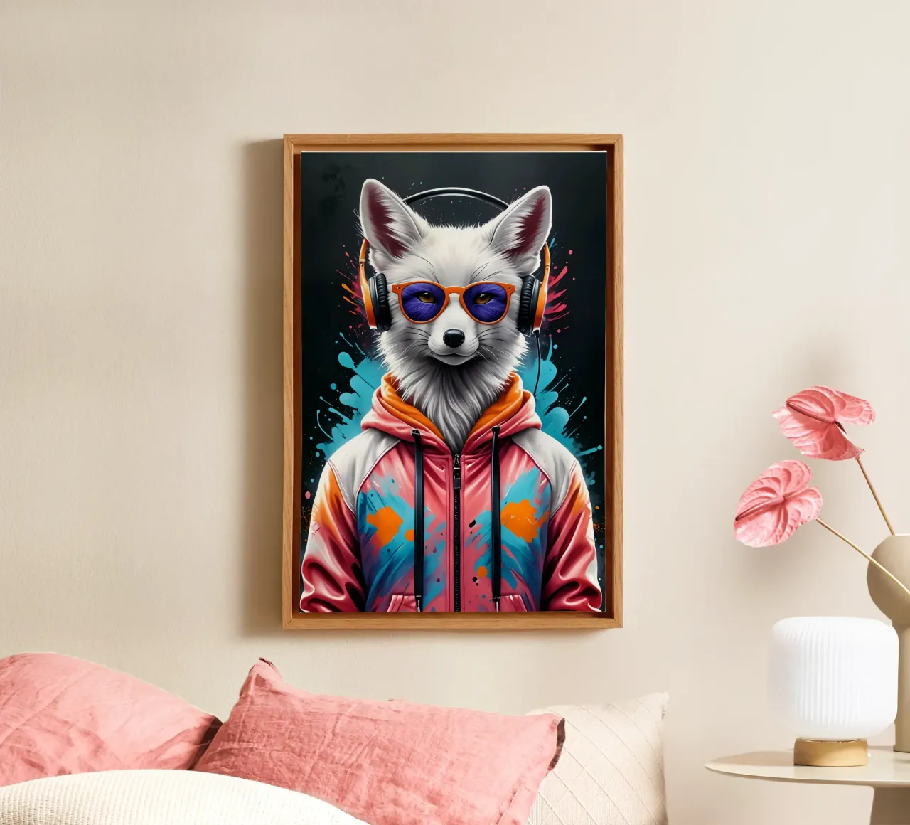 Weißer Fuchs mit Kopfhörer Leinwand mit Schattenfugenrahmen von MakArena