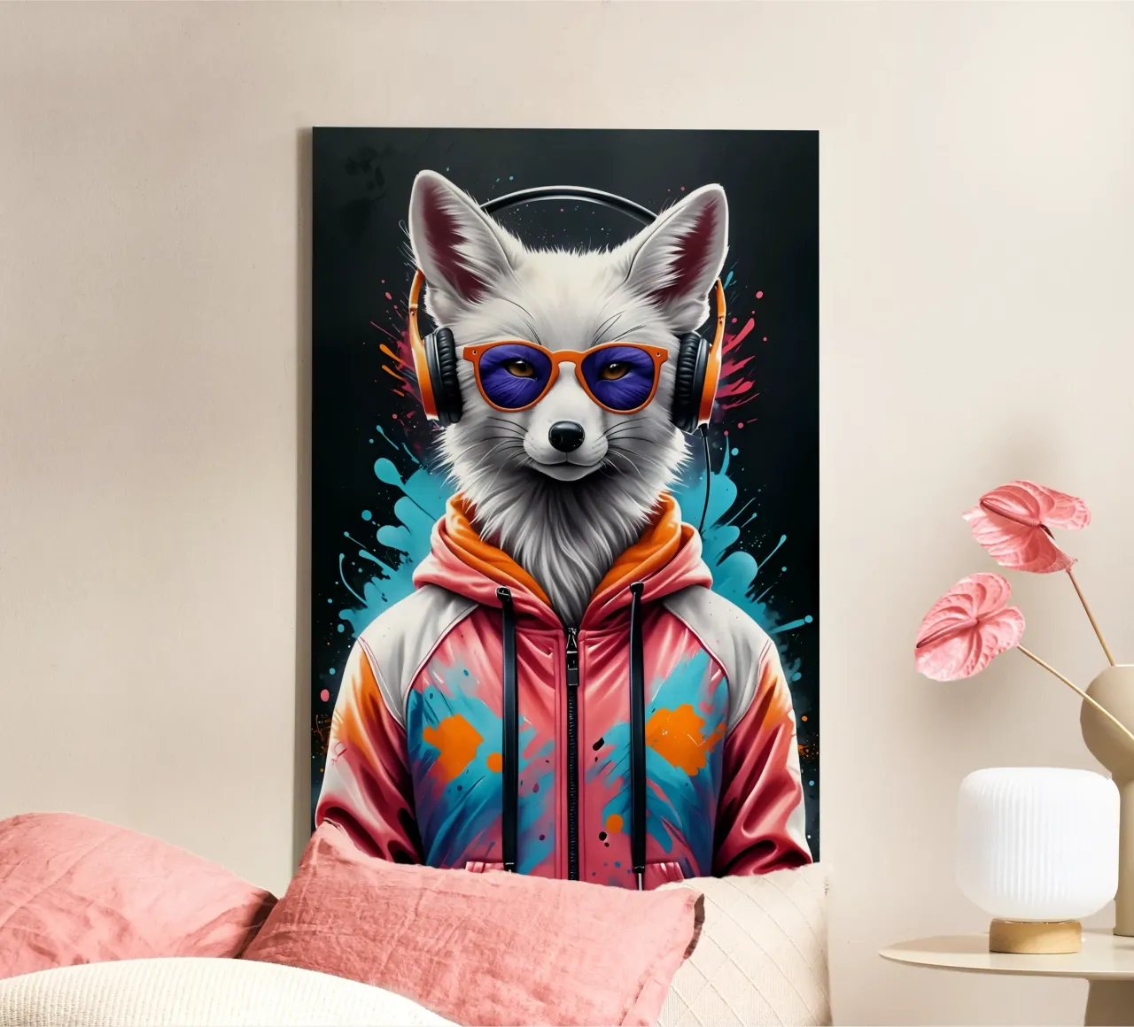 Weißer Fuchs mit Kopfhörer Leinwand mit Schattenfugenrahmen von MakArena