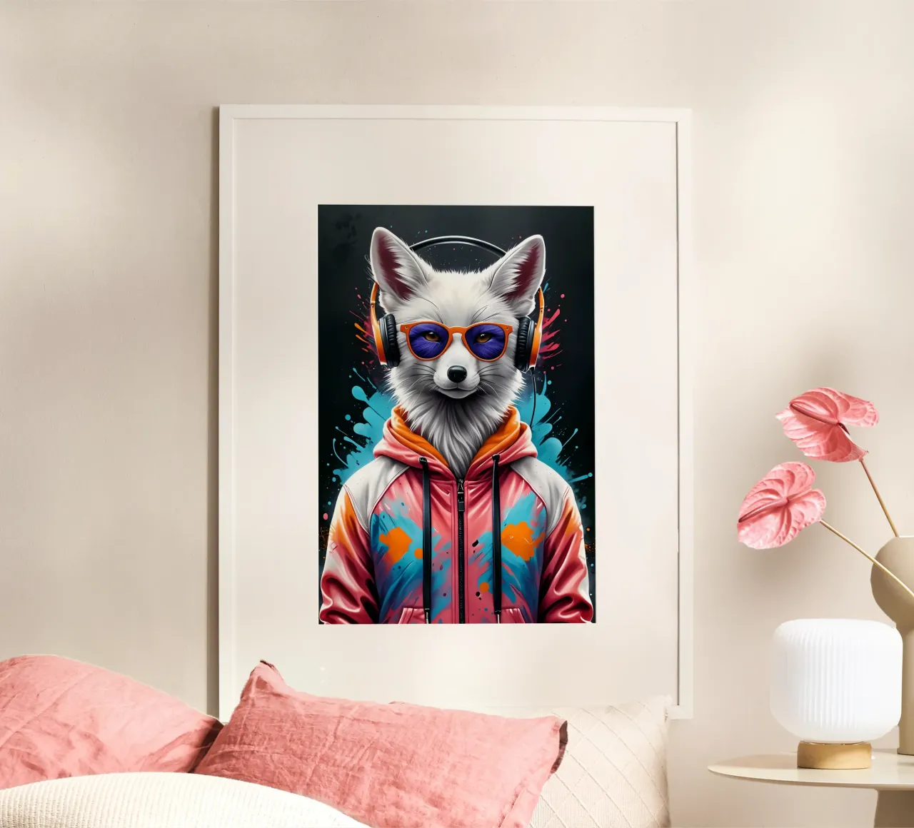 Weißer Fuchs mit Kopfhörer Hahnemühle von MakArena