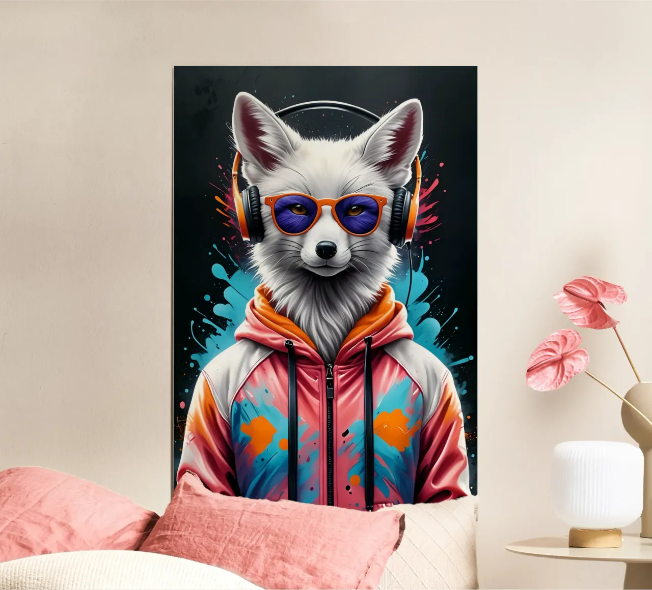 Weißer Fuchs mit Kopfhörer Hahnemühle von MakArena