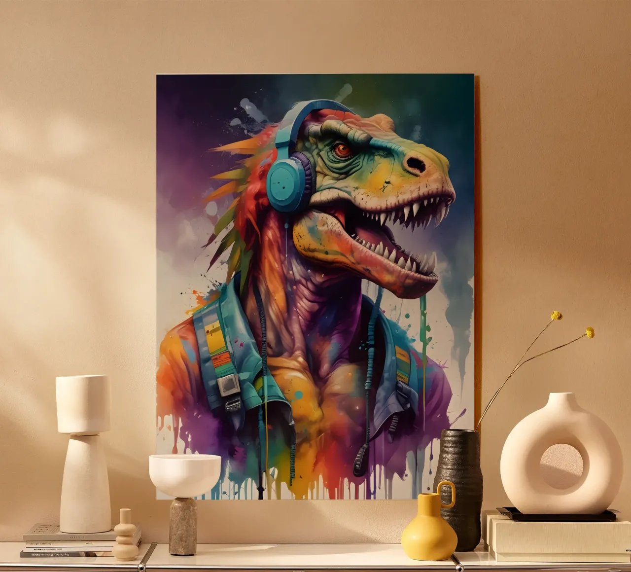 Tyrannosaurus in headphones music acrylic glass by MakArena