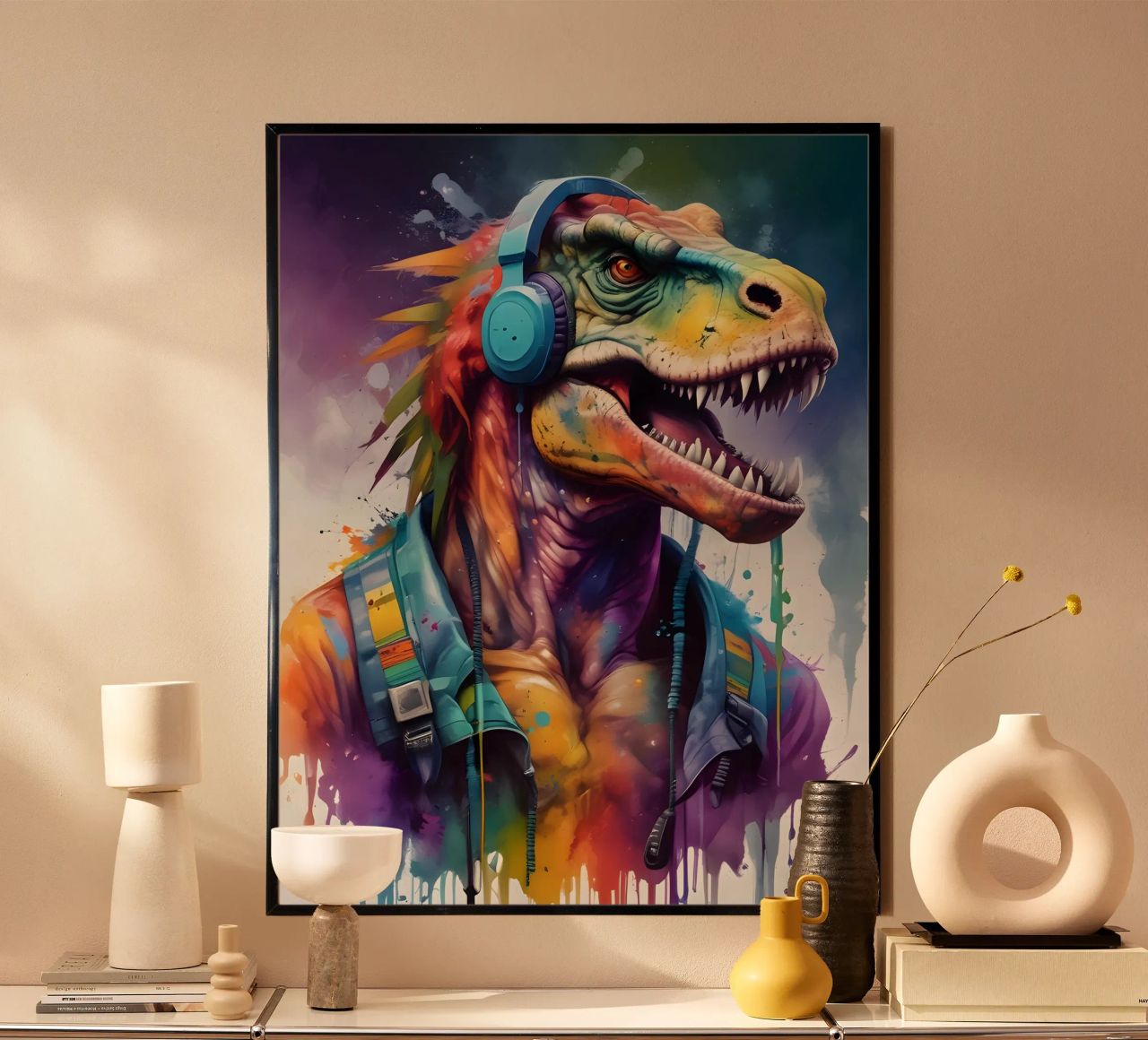Tiranosaurio en auriculares música poster de MakArena