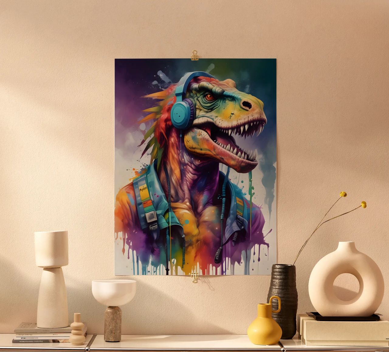 Tiranosaurio en auriculares música poster de MakArena