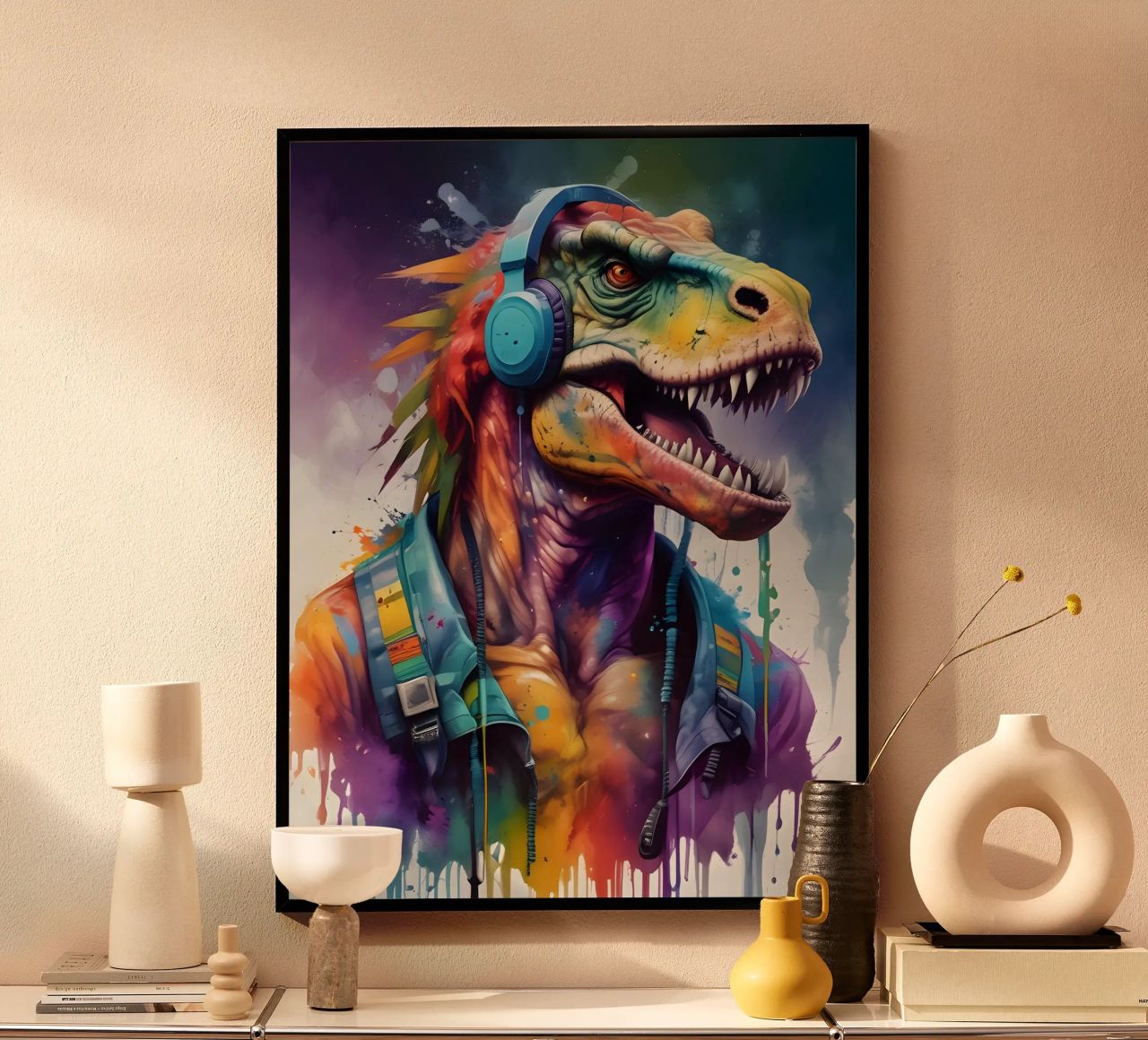 Tiranosaurio en auriculares música poster de MakArena