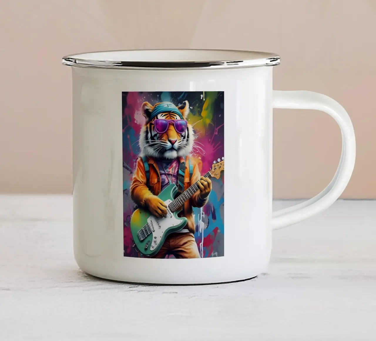 tigre suona la chitarra tazza in smalto da MakArena